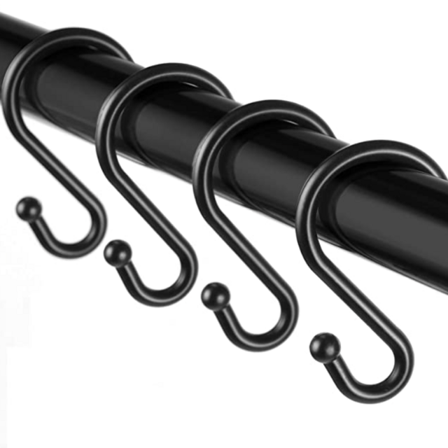 Metal Shower Curtain Hooks，Set of 12 Rings，Rust Resistant S Shaped Hooks Hangers for Shower Curtains, Kitchen Utensils, Clothing, Towels, etc. (Black)