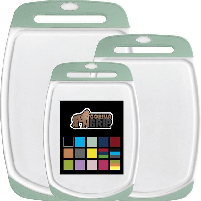 The Original Gorilla Grip Durable Kitchen Cutting Board Set of 3, BPA Free, Large Dishwasher Safe Reversible Plastic Boards, Nonslip Handle and Border, Deep Grooves, Chopping Food, Cooking, Mint