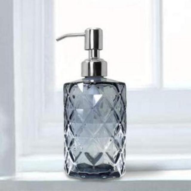JASAI Diamond Design Glass Soap Dispenser with 304 Rust Proof Stainless Steel Soap Pump, 12 Ounce Kitchen Soap Dispenser for Bathroom, Hand Soap, Dish Soap (Grey)