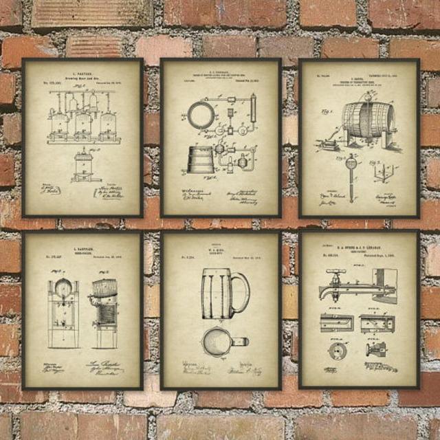 Beer Brewing Patent Prints Set of 6 (Light Ivory)