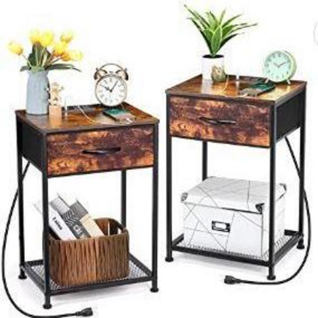 Nightstand Set of 2 End Table with Charging Station