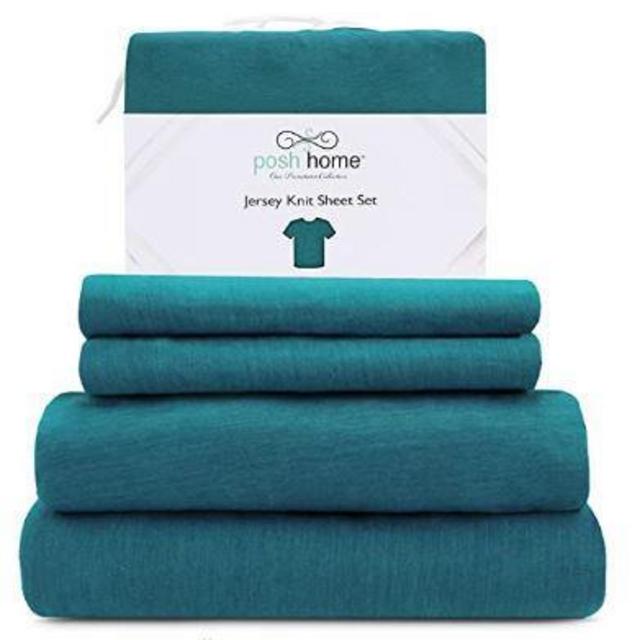 Posh Home Jersey Knit Sheet Set – 4-Piece Jersey Bed Sheets – T-Shirt Breathable & Soft Cotton Jersey Sheets - Includes Flat Sheet, Jersey Fitted Sheet, & 2 Pillowcases - Queen Jersey Sheets, Teal