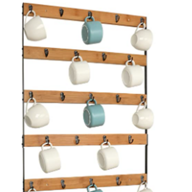 Aomomery Coffee Mug Rack,Rustic Coffee Mug Holder Wall Mounted,Bamboo Coffee Cup Holder with 27 Mug Organizer Hooks,Large 6-Tier Mug Display for Kitchen