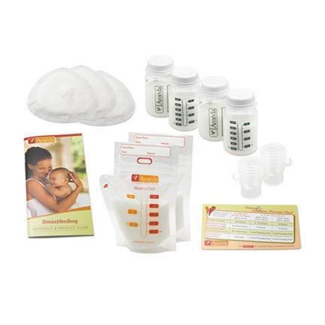 Ameda Breast Pumping Accessory Kit Includes: (10) NoShow Premium Disposable Nursing Pads, (20) Store 'N Pour Milk Bags with (2) Adapters, (4) Milk Storage Bottles, Milk Storage Guidelines