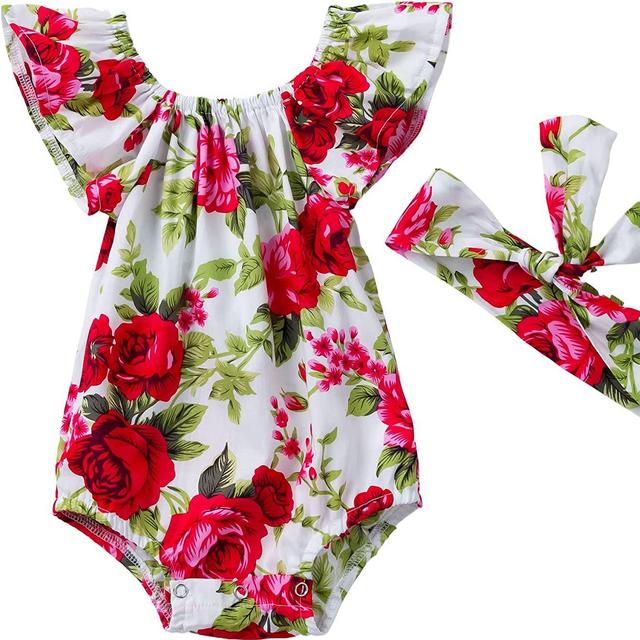 Winmany Newborn Baby Floral Romper Ruffle Sleeveless Infant Girl Summer Cotton Onesies Jumpsuit Bodysuit + Bowknot Headband