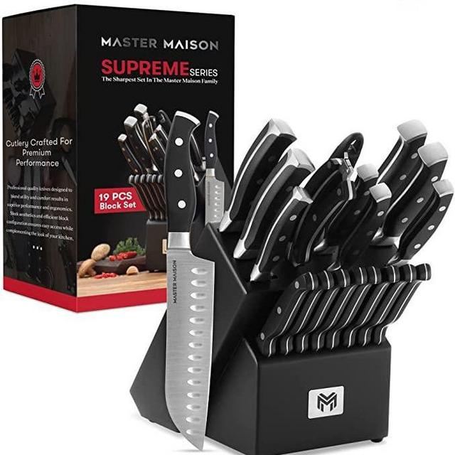 19-Piece Premium Black Kitchen Knife Set With Knife Block | Master Maison German Stainless Steel Knives With Knife Sharpener & 8 Steak Knives | Butcher Block Knife Set | Knife Sets For Kitchen