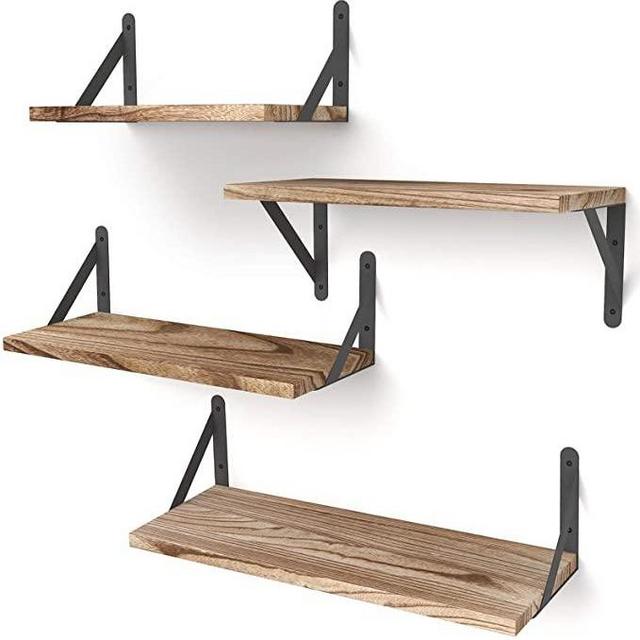 YGEOMER Floating Shelves, Set of 4 Rustic Wood Shelves, Wall Mounted Shelf for Wall Decor, Bedroom, Living Room, Bathroom and Plants (Carbonized Black)