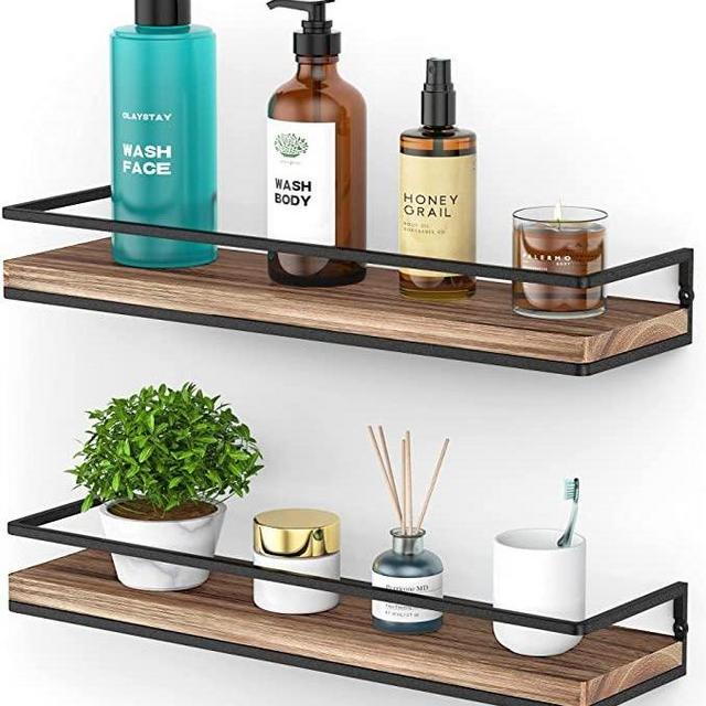 Carbonized Black- Meangood Floating Shelves Wall Mounted Set of 2, Rustic Wood Wall Storage Shelves for Bedroom,Living Room,Bathroom, Kitchen Torched Wood