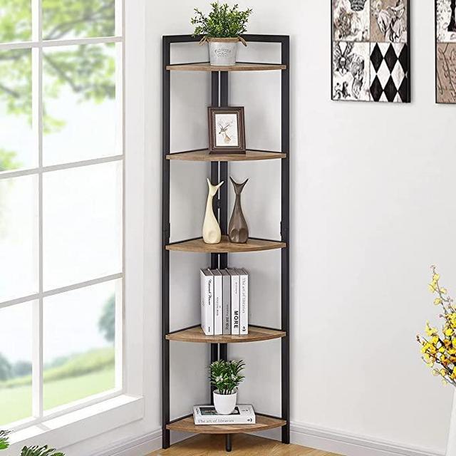 FATORRI Industrial Corner Bookshelf, 5 Tier Tall Corner Bookcase, Wood and Metal Corner Shelf Stand (Rustic Oak)
