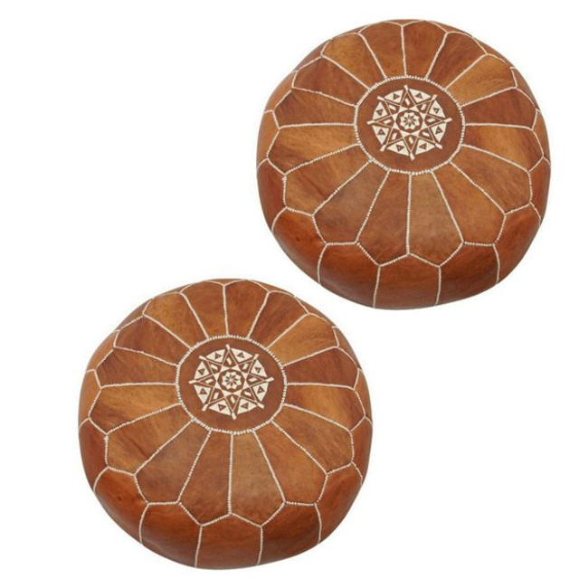 SET of 2 Moroccan Leather Poufs, Rustic Brown, Stuffed