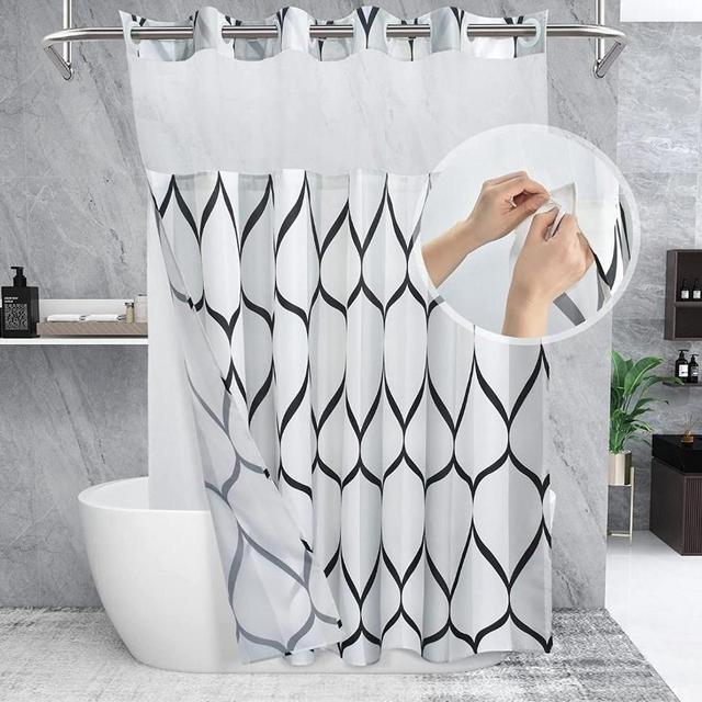 Yiatn No Hook Needed White Shower Curtain with Snap in Fabric Liner Set - Hotel Style with See Through Mesh Top Window, Modern Geometric Waterdrop Design,Water-Repellent & Washable, - 71x74 INCH