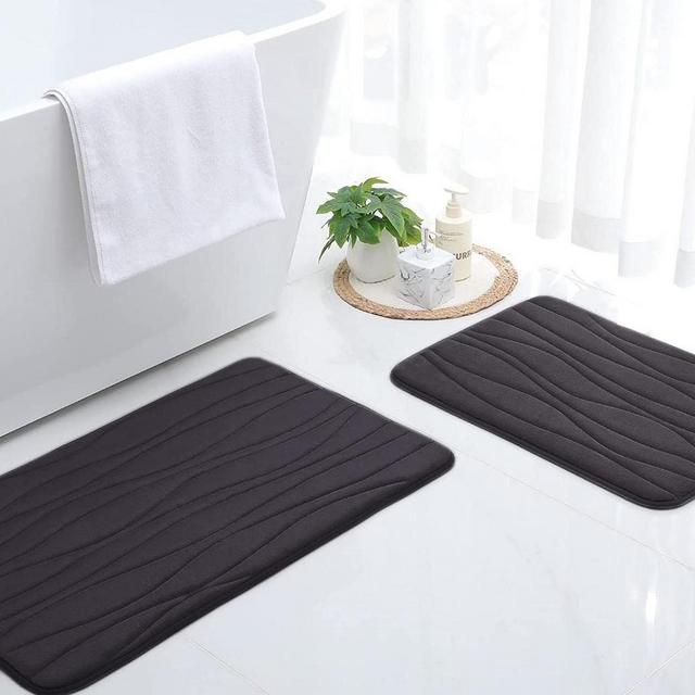Buganda Memory Foam 2 Pieces Bath Rugs Set - Soft Non-Slip Thick Bath Mats and Contour Toilet Rug, Absorbent Washable Bathroom Rugs and Mats Sets (17" x 24" + 20" x 32", Black)