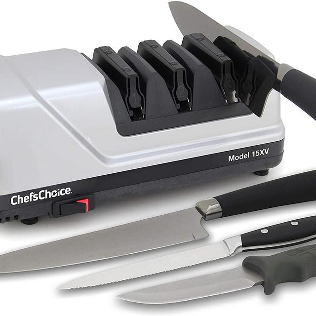 Chef’sChoice 15 Trizor XV EdgeSelect Professional Electric Knife Sharpener for Straight and Serrated Knives Diamond Abrasives Patented Sharpening System Made in USA, 3-Stage, Gray