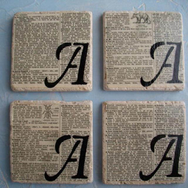 COASTERS Custom Monogram Natural Stone Tile and Vintage Dictionary Page Decorative Coaster Set - Book Page Art