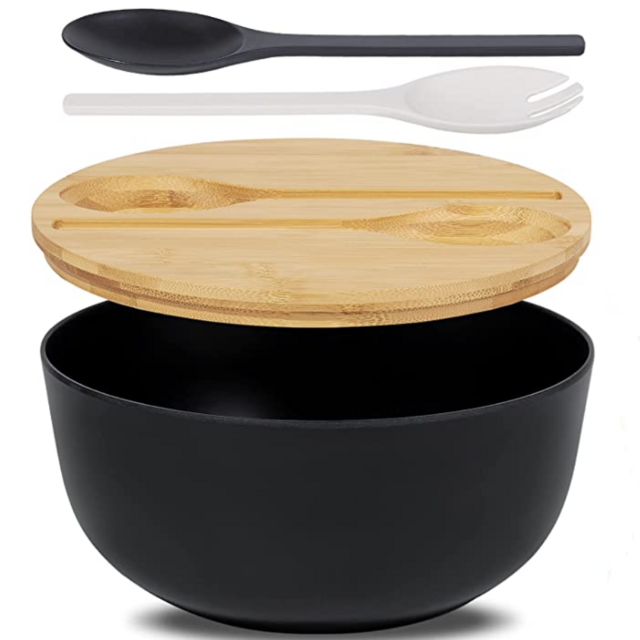 Large Salad Serving Bowl with Lid and Tongs (Matte Black)