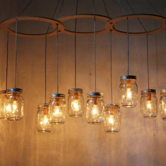 Mason Jar Chandelier Lighting Fixture, Large Rustic Mason Jar Pendant Lamp, 10 Jars, BootsNGus Lighting and Home Decor, Bulbs Included