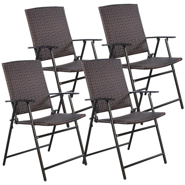 Tangkula 4 PCS Brown Folding Rattan Chair Furniture Outdoor Indoor Camping Garden Pool
