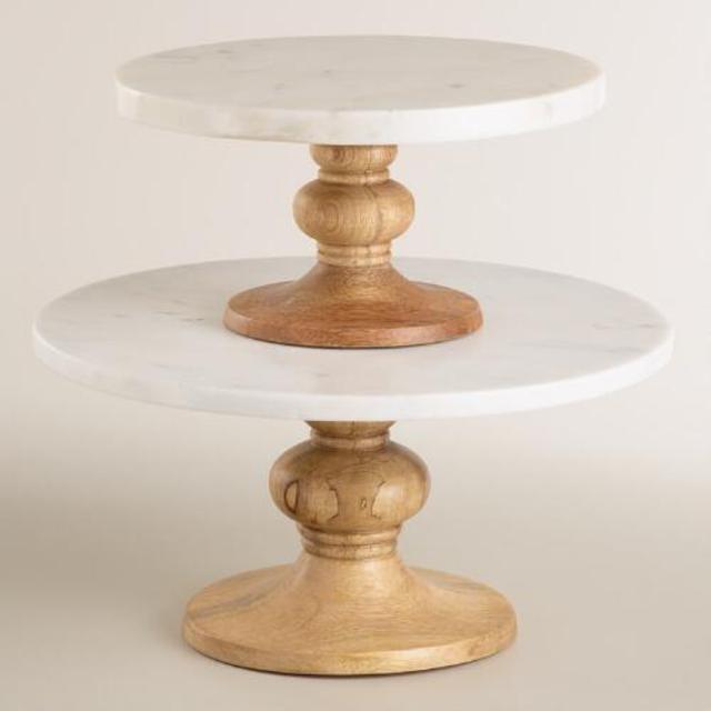 Round Marble and Wood Pedestal Stand 12"