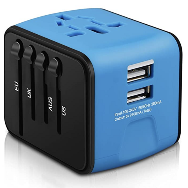 HAOZI Universal Travel Adapter, All-in-one International Power Adapter with 2.4A Dual USB, European Adapter Travel Power Adapter Wall Charger for UK, EU, AU, Asia Covers 150+Countries (Blue)