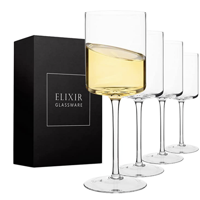 Square Wine Glasses Set of 4 - Crystal Wine Glasses 14oz in Gift Packaging - Large Red Wine Glass on Long Stem - Unique Modern Shape - Lead-Free - For White & Red Wine