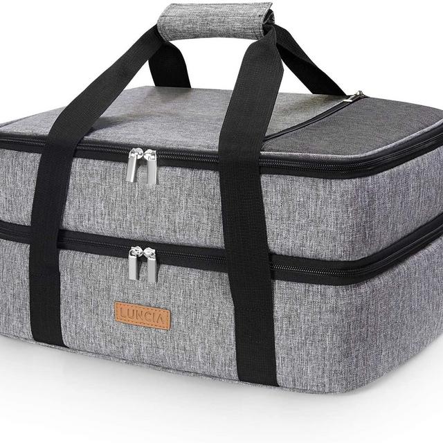 LUNCIA Double Decker Insulated Casserole Carrier for Hot or Cold Food, Lasagna Holder Tote, Fits 9"x13" Baking Dish, Grey