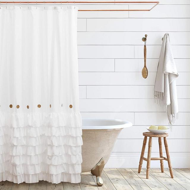 Shaina White Shabby Chic Shower Curtain 72 x 72 with Farmhouse Ruffles and Country Style Buttons… (White)