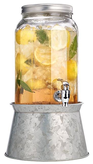 Palais Glassware Mason Jar Beverage Dispenser - Traditional Tin Screw Off Lid - 1.5 Gallon Capacity - With Ice Bucket Base (Silver w/Paneled Glass Jug)