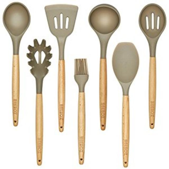 7 Pc. Beech wood and Silicone Kitchen Utensil Set, Grey, Eco-friendly, BPA free, Nonstick by BEEBOZ
