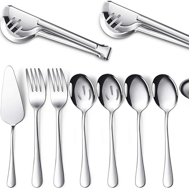 Serving Utensils Include Large Serving Spoons Slotted Serving Spoons Serving Forks Serving Tongs Soup Ladle and Pie Server Buffet Catering Serving Utensils for Dishwasher Safe (Silver, 10)