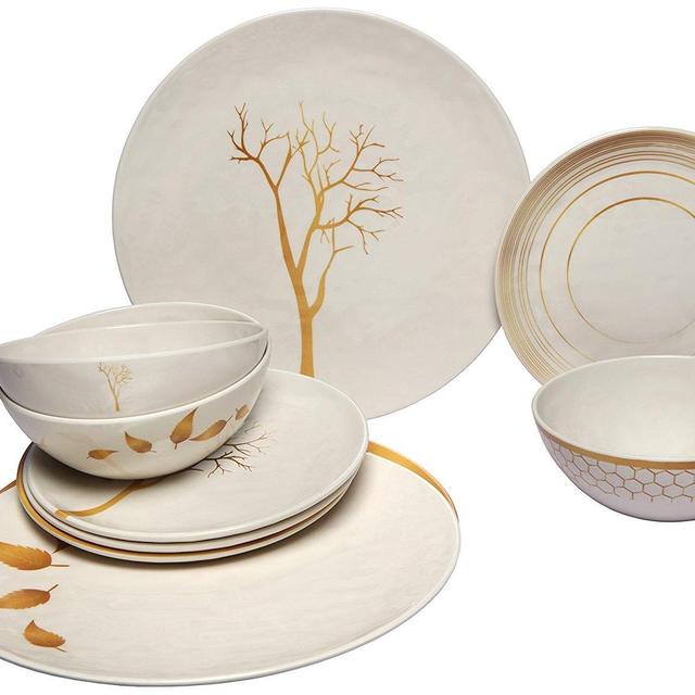 Melange 36-Piece 100% Melamine Dinnerware Set (Gold Nature Collection ) | Shatter-Proof and Chip-Resistant Melamine Plates and Bowls | Dinner Plate, Salad Plate & Soup Bowl (12 Each)