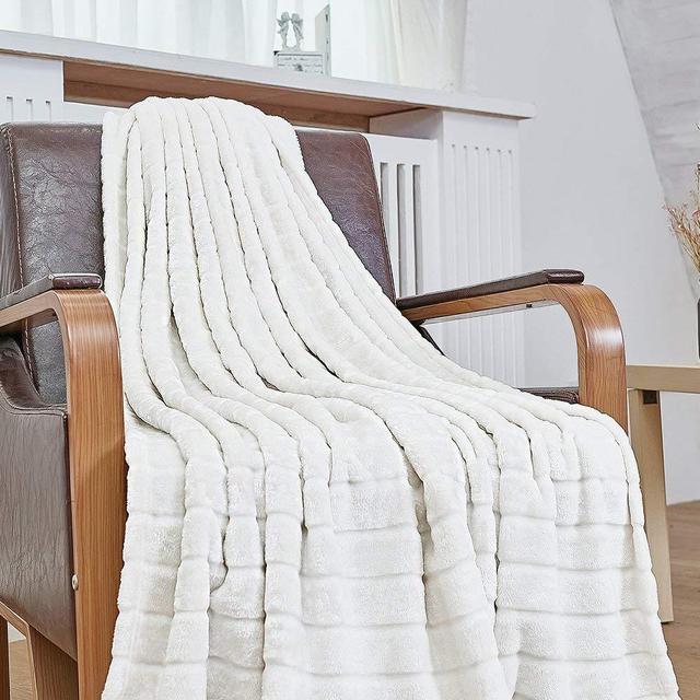 Bertte Ultra Velvet Plush Super Soft Decorative Stripe Throw Blanket-50"x 60", Ivory White