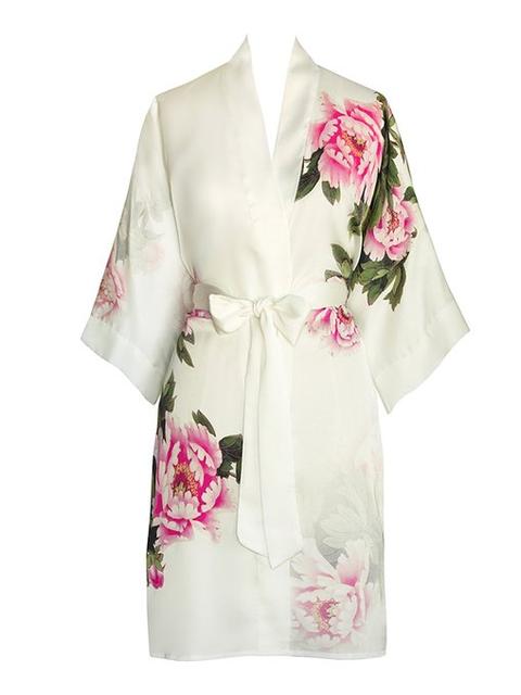 Old Shanghai Women's Print Kimono Short Robe - Floral, White Peony