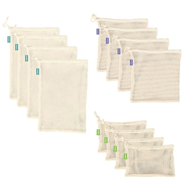 Earthwise Reusable Mesh Produce Bags 100% Cotton Biodegradable & Machine Washable Tare Weight Listed on Every Bag (Set of 12)