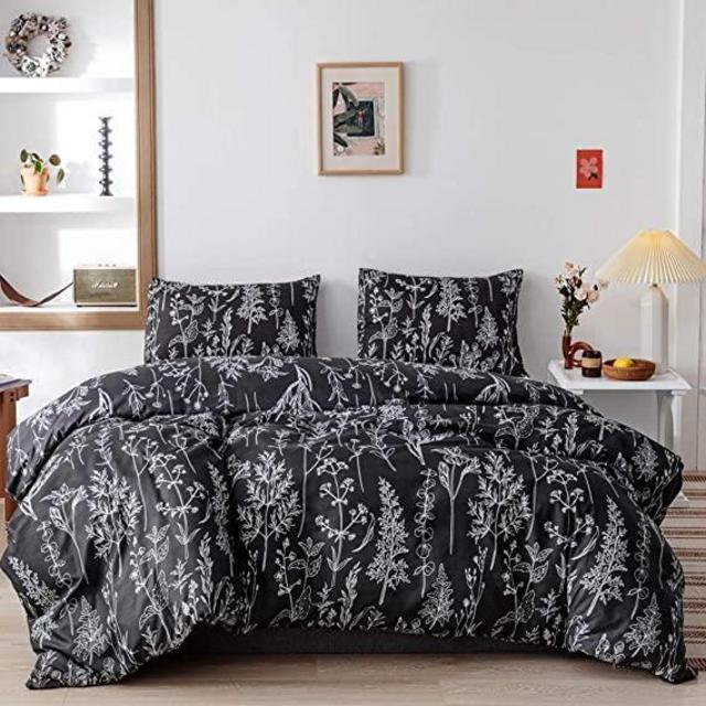 Janzaa Black Comforter Sets Queen, 3 Pieces Soft Microfiber Bedding Plant Flowers Printed on Black Comforter with 2 Pillow Cases for All Seasons(Queen)