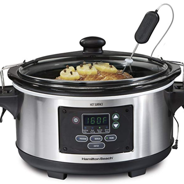Hamilton Beach Portable 6-Quart Set & Forget Digital Programmable Slow Cooker With Temperature Probe, Lid Lock, Stainless Steel (33969A)