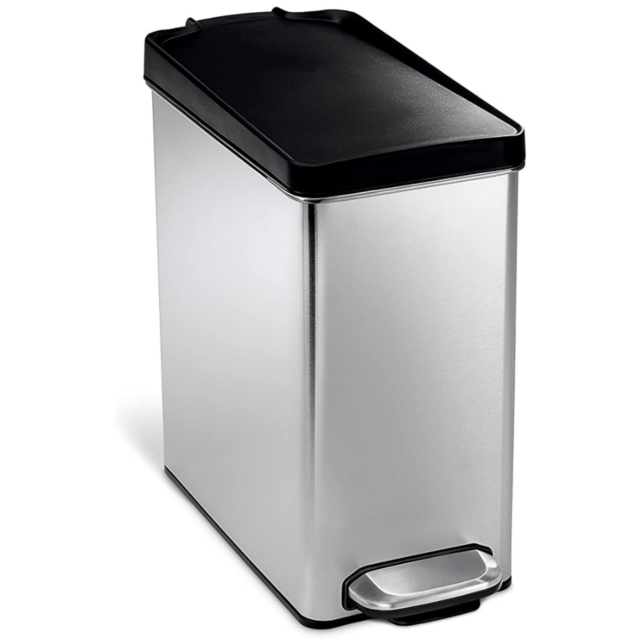 simplehuman 10 Liter / 2.6 Gallon Stainless Steel Bathroom Slim Profile Trash Can, Brushed Stainless Steel with Plastic Lid