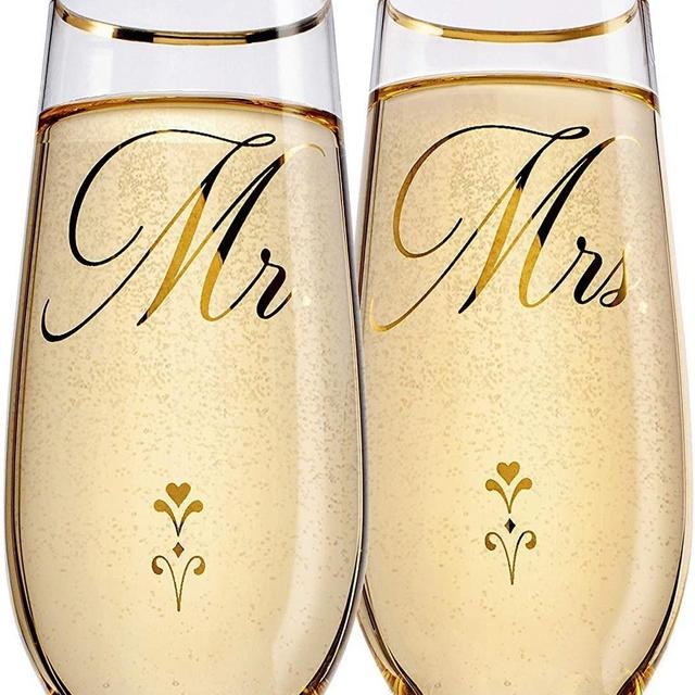 Bride and Groom Champagne Glasses (8 oz), Gold Print Mr and Mrs Glasses for Wedding Glasses and Toasting Flutes, Bridal Shower Gifts, Engagement Gift, Comes with Gift Box and Note Card