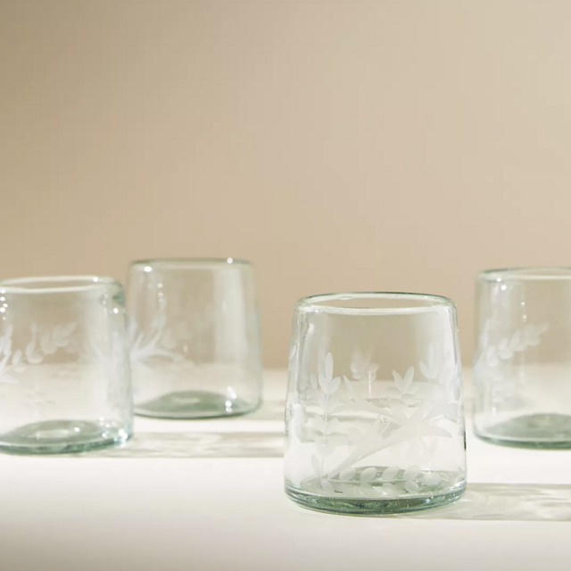 Engraved Floral Double Old Fashioned Glasses, Set of 4