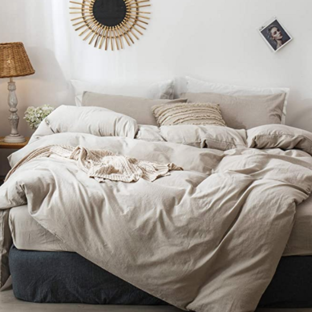 MooMee Bedding Duvet Cover Set (1 Comforter Cover + 2 Pillow Shams) 100% Washed Cotton Linen Like Textured Breathable Durable Soft Comfy (Linen Grey, King)