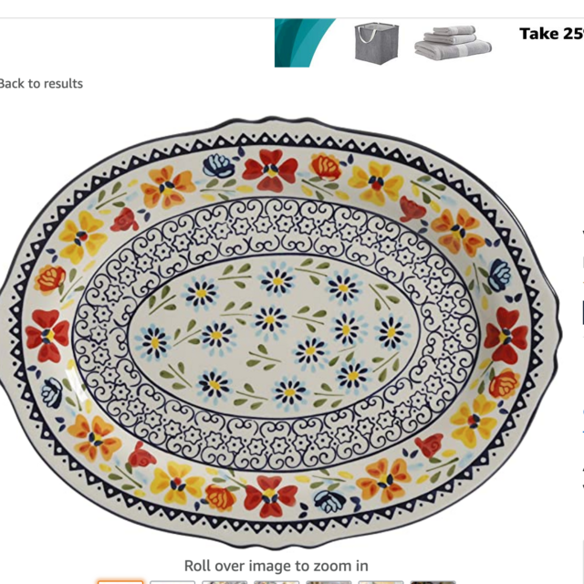 Gibson Elite 98760.01R Luxembourg Handpainted 14" Serving Platter, Blue and Cream w/Floral Designs