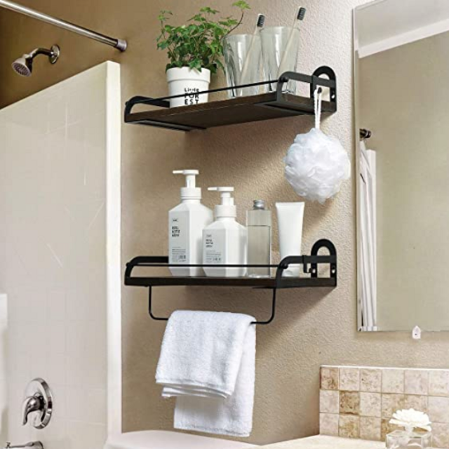 Ophanie Floating Shelves Wall Mounted Set of 2, Rustic Wood Wall Storage Shelves Organizer for Kitchen, Bathroom, 2 S-Shape Hooks Included