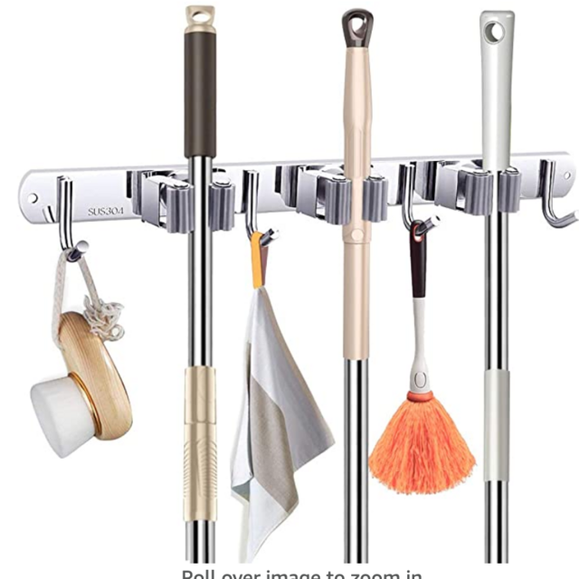 Broom Mop Holder Wall Mount,Metal Stainless Steel Wall Mounted Storage Organizer Heavy Duty Tools Hanger with 3 Racks 4 Hooks for for Bathroom Kitchen Office Closet Garden