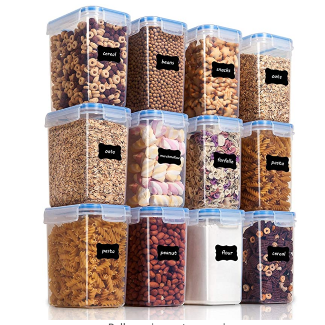 Vtopmart Airtight Food Storage Containers 12 Pieces 1.5qt / 1.6L- Plastic PBA Free Kitchen Pantry Storage Containers for Sugar, Flour and Baking Supplies - Dishwasher Safe - Include 24 Labels, Blue