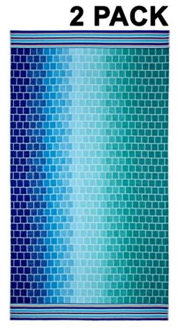 Cotton Craft - Oversized Jacquard Double Woven Velour Beach Towel 39x68 - 2 Pack - Tile Blue Teal