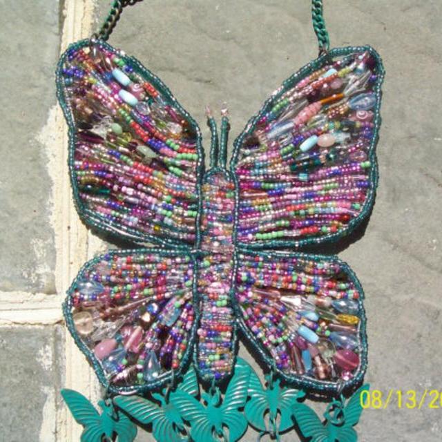 Butterfly Wind Chime Pink and Turquoise hand beaded