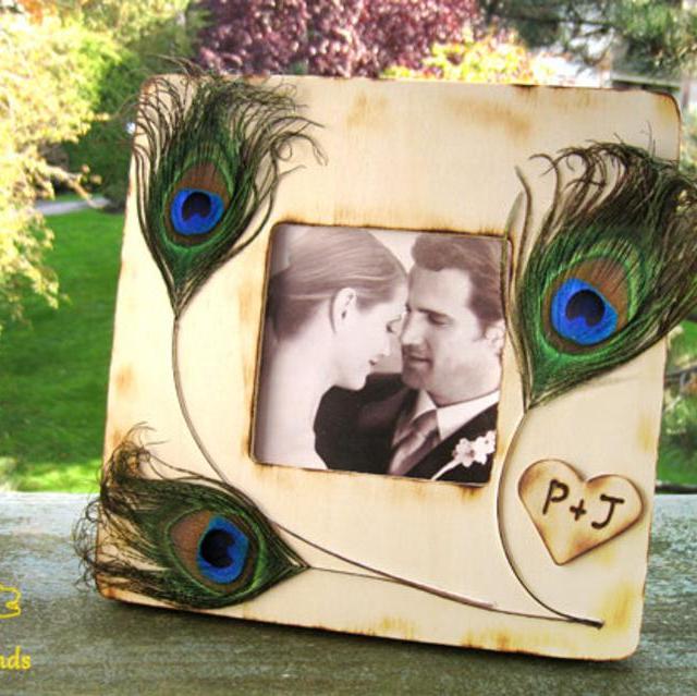 Personalized picture frame wood peacock feathers customizable rustic peacock wedding home decor