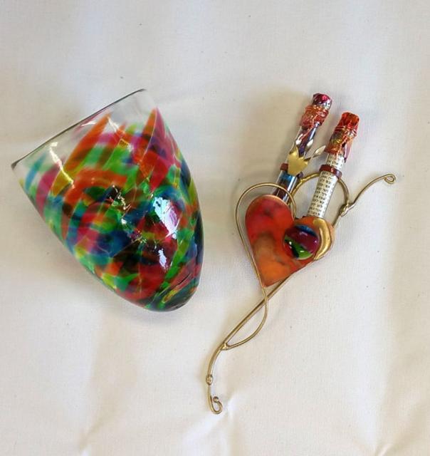 Double Heart Wedding Mezuzah Kit with Green Envy Glass to break