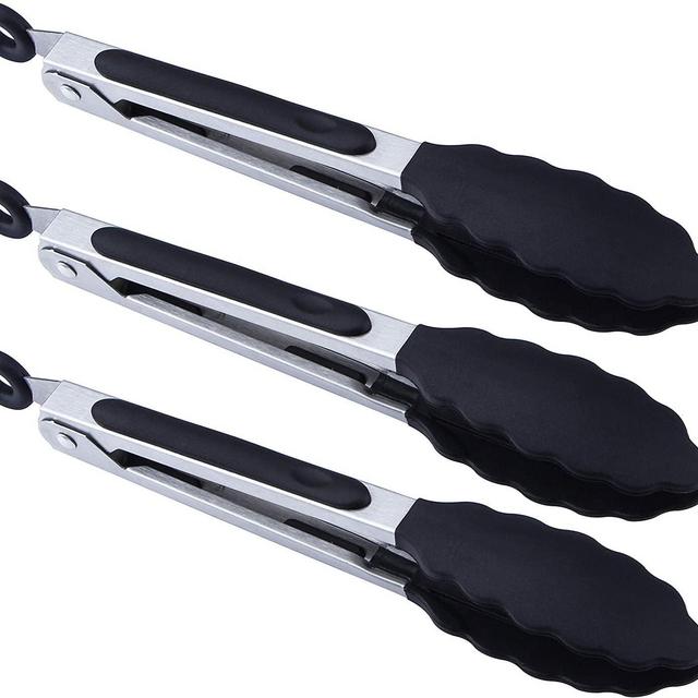 BIGSUNNY 7" Mini Silicone Serving Tongs - Set of 3 (black)