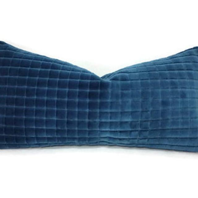 12" x 20" Blue Velvet Squares Lumbar Pillow Cover