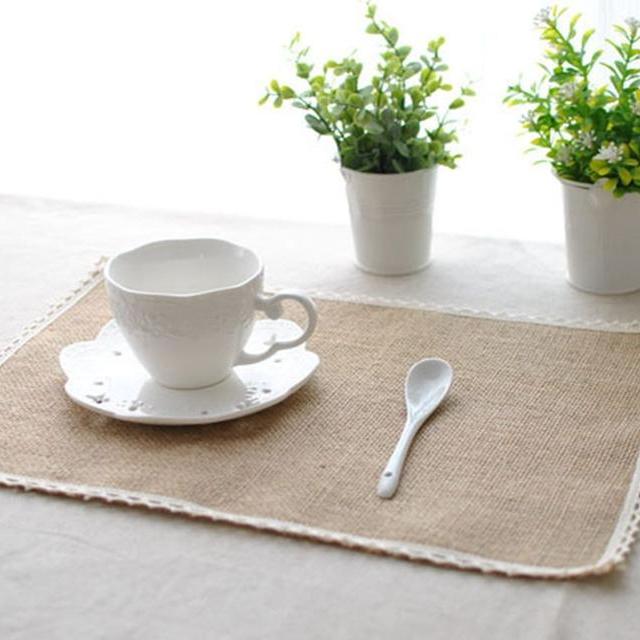 Burlap Lace Placemats, Nature Jute Woven Table Mats, Set of 8, 16 " x12", Wedding Party Décor
